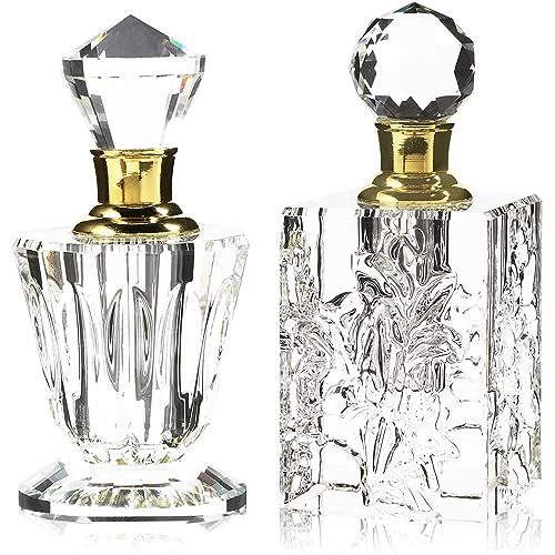 Okuna Outpost Crystal Glass Perfume Bottle Set - Refillable Perfume Bottles for Fragrance & Oils - Boudoir Props - Pack of 2, Transparent Glass, Round