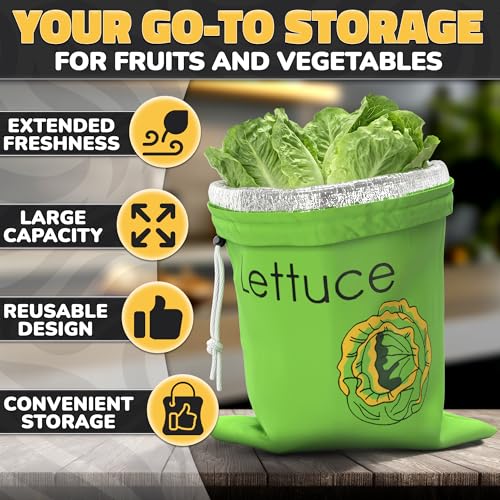 VIKROM Green Reusable Lettuce Keeper with Foil Lining, 13.8x10.6in - Refrigerator Produce Bag