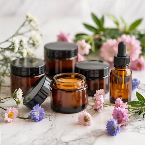 Amber Glass Cosmetic Jars 2oz - 24 Pack with Lids