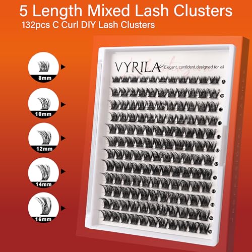 Lash Cluster 132pcs Individual Lashes,8-16mm Diy Lash Extension,D Curl Lash Clusters Wispy,3D Natural Lash Clusters Look Like Eyelash Extension DIY at Home (Orange Whisper-D-8-16mix)