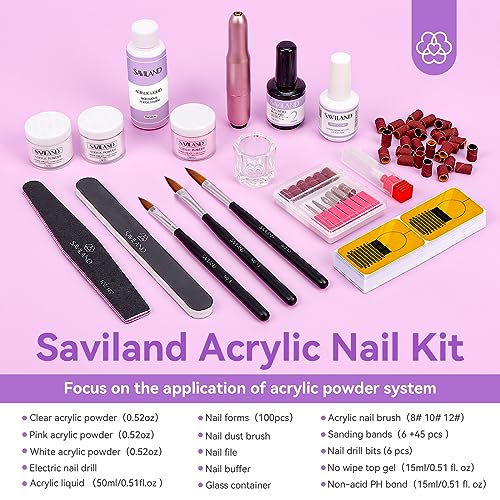 SAVILAND 113pcs Acrylic Nail Kit with Drill for Beginners, White Pink Clear