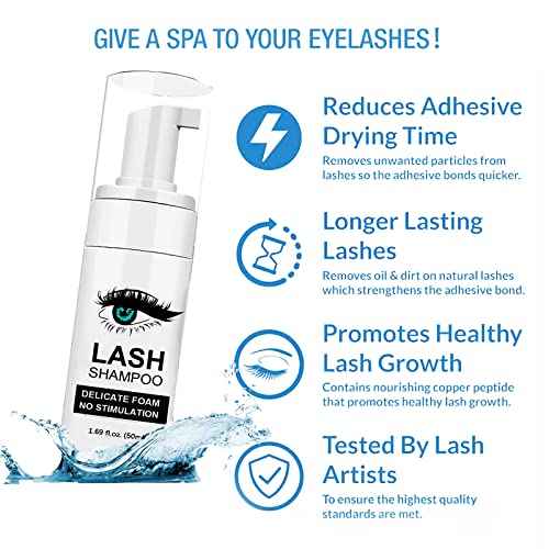 Lash Shampoo for Lash Extensions, Lash Fan with 50ml Eyelash Foam Cleanser and 50 Pcs Eyelash Brush and Rinse Bottle Oil Free/Sulfate Free Eyelash Wash Remover For Eyelash Extension Wash, Black