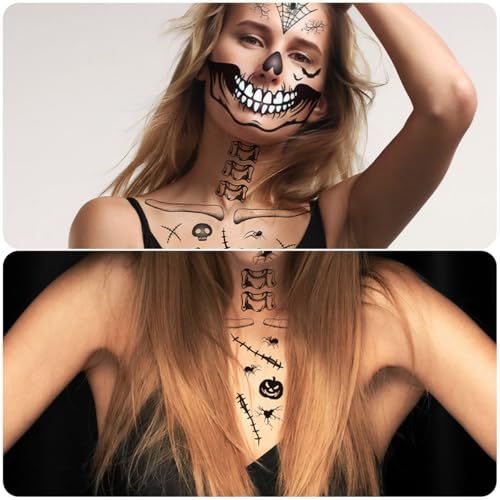 Skull & Creepy-Mouth Temporary Tattoo Stickers, 4-Pack