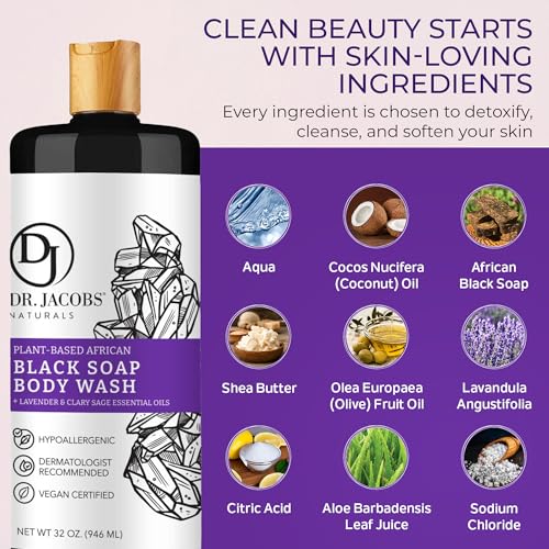Dr Jacobs Naturals Authentic African Black Liquid Soap with Lavender & Sage Scent All-In-One Face Wash, Sensitive Skin Body Wash, Shampoo, Shaving Soap | Moisturizing and Nourishing Formula 32oz 2pk