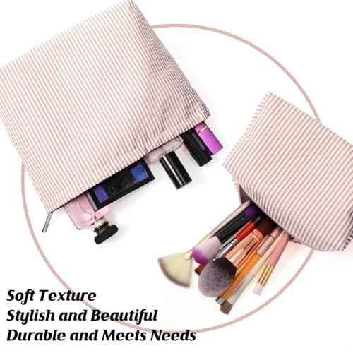 2 Pieces Makeup Bag Set Cute Cosmetic Pouch for Women Seersucker Travel Toiletry Bag Preppy Small Makeup Purse Pouch Aesthetic Skincare Brushes Storage Organizer for Christmas Women(Khaki)