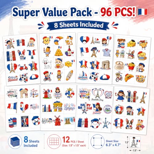 96 French Temporary Tattoos - Eiffel Tower & Paris Designs