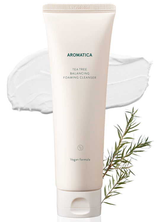 AROMATICA Tea Tree Balancing Foaming Cleanser 6.35oz / 180g, Vegan Double Cleanser Face Wash For Oily Skin, EWG Verified