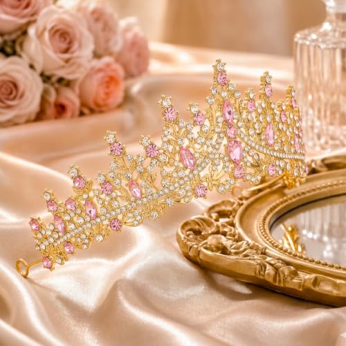 Gold Pink Rhinestone Crown Tiara for Women Wedding