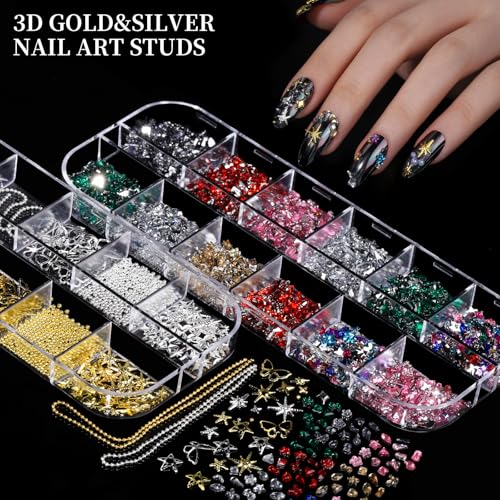 FANDAMEI Nail Charms Kit with Rhinestones & 3D Art Decorations for Nails