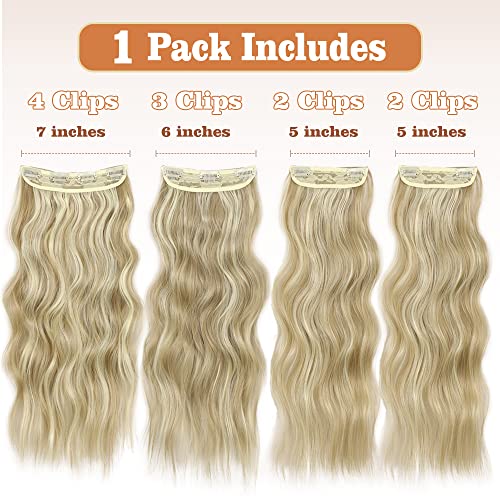 QGZ Clip in Long Wavy Hair Extensions Synthetic 4PCS Thick Hairpieces for Women 20 Inch Long Fiber Hair Extension for Daily Party Use (Ash Blonde mixed Platinum Blonde) …