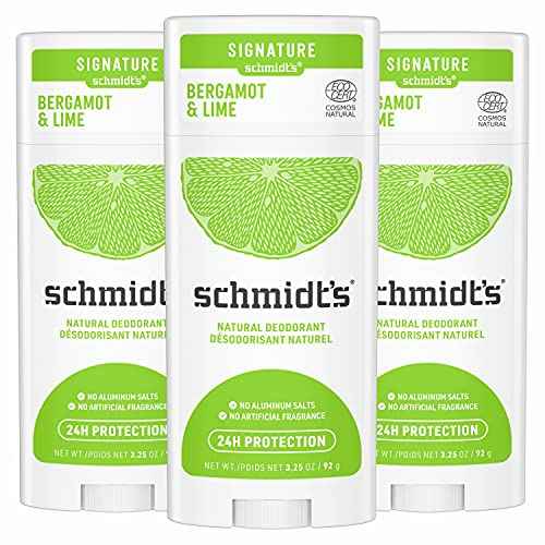 Schmidt's Aluminum Free Natural Deodorant for Women and Men, Bergamot + Lime with 24 Hour Odor Protection, Certified Cruelty Free, Vegan Deodorant,3.25 Ounce (Pack of 3)