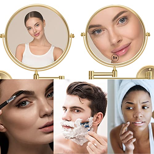 8 Inch Bathroom Makeup Mirror Wall Mounted Gold, 360 Swivel Vanity Mirror with Magnification, Extendable Arm, 1X/5X Two-Sided, Brass Material, Brushed Light Gold