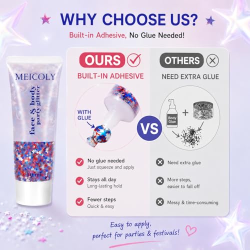 MEICOLY 50g Red White Blue Star Body Glitter - 4th of July