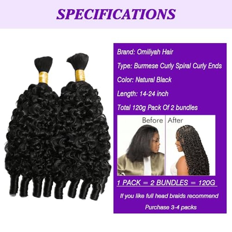 Burmese Curly Human Hair Braiding Bundles - 2 Pack, 20 Inch