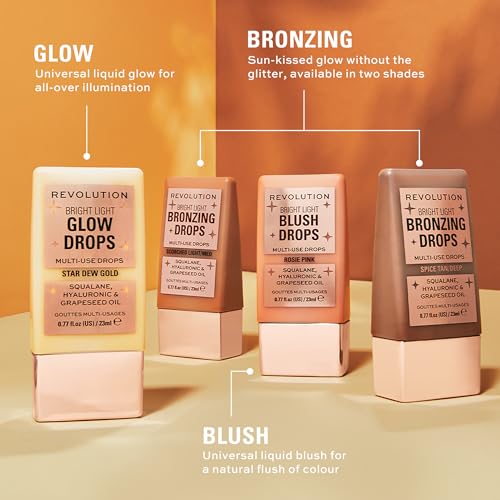 Revolution Beauty, Bright Light Bronzing Drops, Bronze & Glow Face & Body Drops Infused with Hyaluronic Acid, Bronze Scorched, 0.77 Fl. Oz.