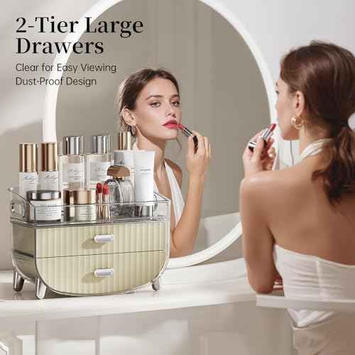 LAMU Makeup Organizer With 2 Drawers, Bathroom Storage With Four Non-Slip Feet And Dust-Proof, Simple And Stylish For Desktop, Vanity, Bathroom Countertops, White, Ideal Christmas Gifts for Girls