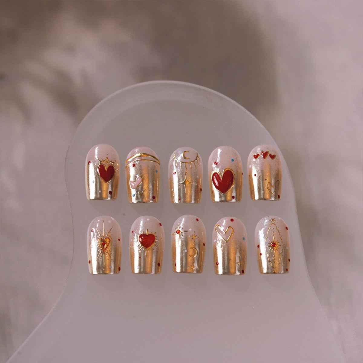 5D Embossed Gold Star Nail Stickers - Red Heart & Moon Nail Art Stickers for Valentine's Day DIY Manicure