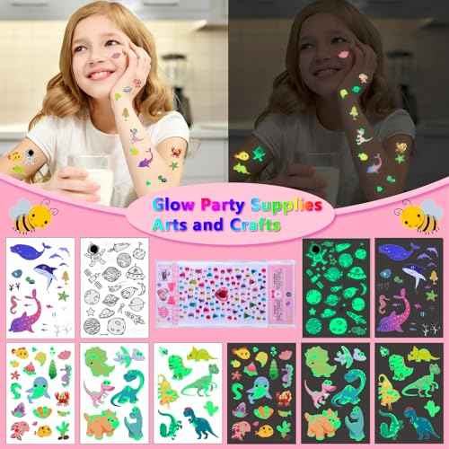 Temporary Glitter Tattoos Kit Kids, 48 Colors Powder with 209 Temporary Tattoo Stencils and 5 Luminous Tattoo Stickers, Body Nail Arts and Craft Glitter Make Up Kit, Gifts for Girl Boy Party