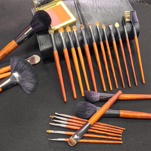 Professional Makeup Brush Set, 24 Pieces with Leather Case, Natural Hair Bristles, Wooden Handles