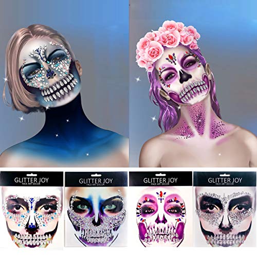 4 Packs PADOUN Face Gems Jewels, Day of The Died Skull Temporary Rhinestone Face Tattoo, Face Stickers Gems Jewels for Halloween