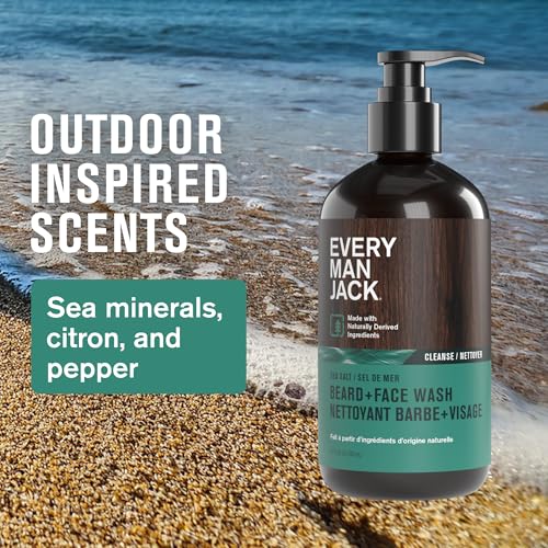 Every Man Jack Beard + Face Wash - Subtle Sea Salt Fragrance - Deep Cleans, Conditions, and Softens Your Beard and Skin Underneath - Naturally Derived with Coconut Oil, Glycerin, and Coconut - 6.7oz