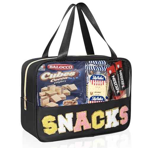 Chenille Letter Snacks Bag Zipper Pouch TPU&Nylon Clear Cosmetic Bag with Handle Toiletry Bags Travel Makeup Bag Multi-purpose Clear Pouches For Women (SNACKS, Black)