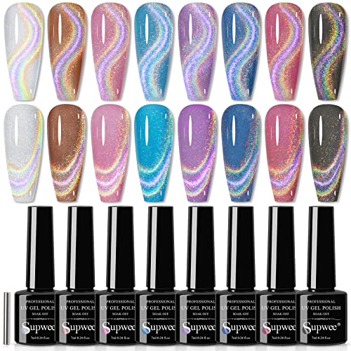 SUPWEE Rainbow Cat Eye Nail Gel Polish Set Sparkle Holographic 9D Cat Eye Gel Polish Laser Glitter Cat Eye Nail Polish Gel Magnetic Gel Soak Off Lamp Gel Varnish Nail Salon Kit (0.24fl oz)