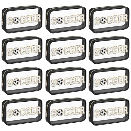 12 Pcs Soccer Clear Cosmetic Makeup Bag with Chenille Letter Patch Sport Goodie Clear PVC Pouch Organizer Waterproof Travel Toiletry Bags for Sports Theme Birthday Party Supplies
