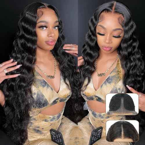 30 Inch Long Curly Synthetic Hair Wigs for Balck Women,13x4x1 Deep Water Wave Lace Front Wig,Simulated Scalp Natural Loose Deep Wave Crimps Curly Wig As Hair Replacement Wigs