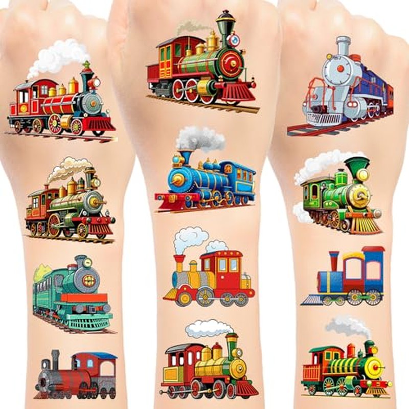 144 PCS Vintage Retro Train Temporary Tattoos Stickers, Vintage Retro Train Party Favors Supplies Train Transportation Birthday Party Decorations for Classroom Rewards, 24 Sheets
