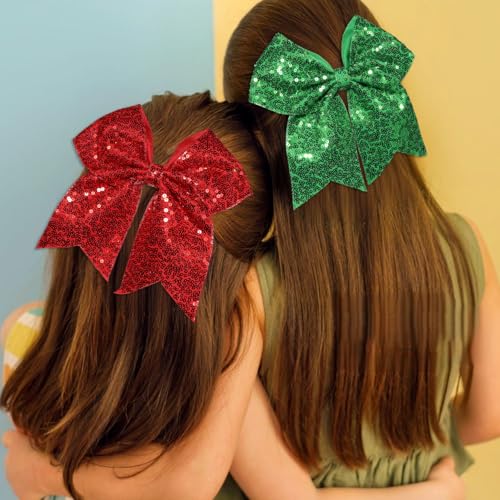 7 Inch Sequin Red Hair Bow Clips, Large Glitter Cheer Bow Clip, Halloween Hair Clip, Big Bows for Hair Clip Gift Hair Accessories for Teens Girls Kids Women (Christmas Red)