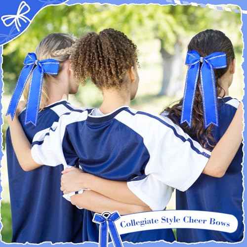 DEEKA Long Tail Rhinestones Cheer Bows 12 PCS Collegiate Style Full Rhinestone Skinny Ponytail Holder Handmade for Girls Teens Cheerleader Sports (Royal Blue)