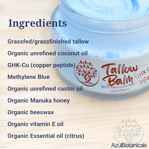 GHK-Cu Copper Peptide & Methylene Blue Infused Whipped Grass Fed Beef Tallow Balm, Anti-Aging, Fine lines, Wrinkles, Eczema, Acne, Full body Moisturizer, All skin types, With Organic Ingredients 1.7oz