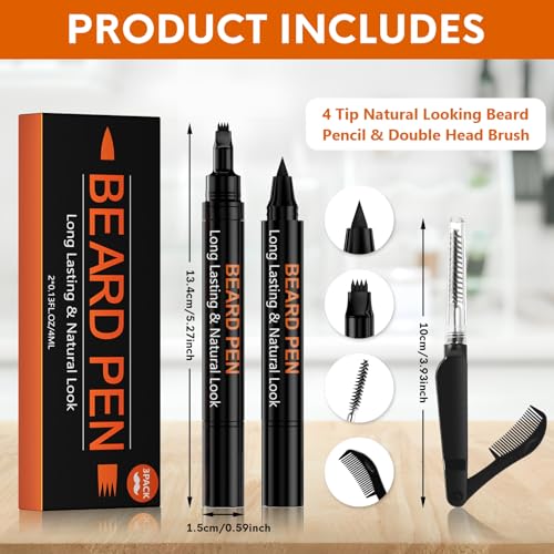 3-Pack Beard Pen Filler for Men, Waterproof & Sweat Proof Long-Lasting Beard Pen Kit with 2 Fillers & 1 Double-Headed Brush ? Effectively Enhances Facial Hair (Black)