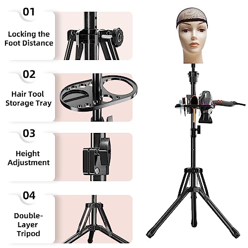 EBLIKI Wig Head Stand Tripod - Reinforced Wig Mannequin Stand, Adjustable Height 31" - 57" Wig Stand for Styling, Cosmetology Hairdressing Training with Wig Caps, T-Pins Hair Clips