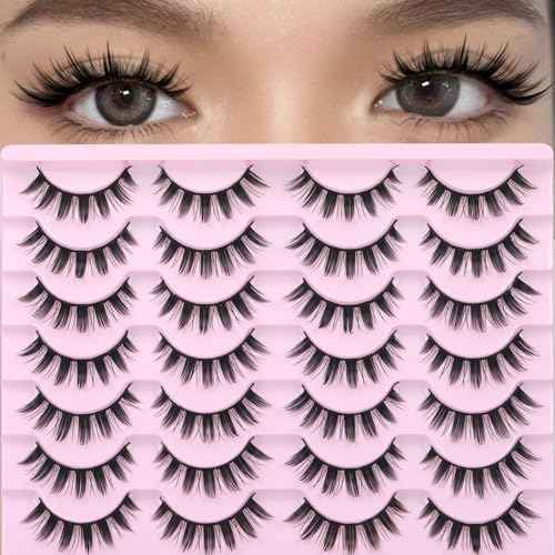 Yawamica Wispy Manga Lashes 8D Thick & Spiky False Eyelashes 15mm Doll Lashes Anime Eyelashes Style Natural Look 14 Pairs Pack Strip Lashes Look like Eyelash Extension