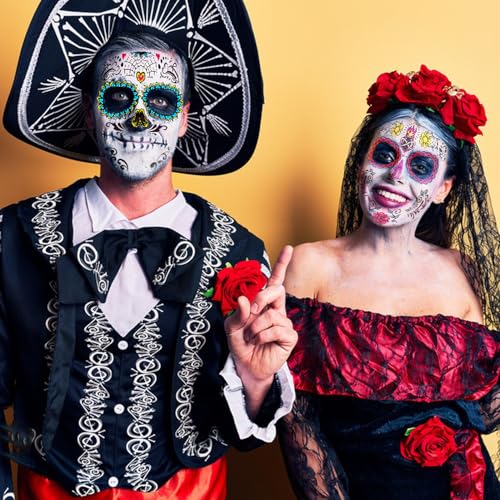 12 Sheet Day of the Dead Face Tattoos, Halloween Temporary Tattoos Face Sticker Skeleton Sugar Skull Fake Tattoos for Halloween, Masquerade and Parties