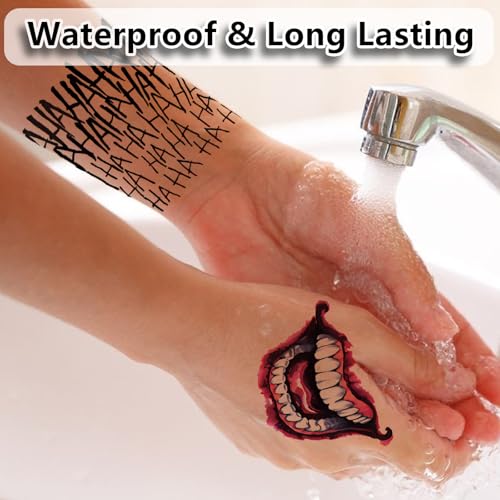 13 Sheets Joker Tattoos Halloween - HAHAHA Damaged JOKER Smile Temporary Tattoos for Kids Fake Tattoo Stickers Joker Costume Masquerade Cosplay Party Accessories Makeup Waterproof