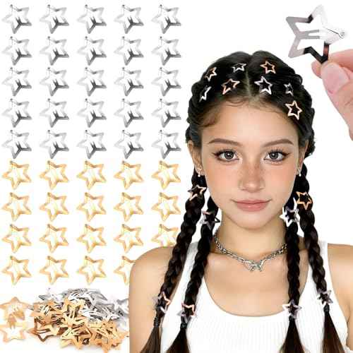 50 PCS Gold Silver Star Hair Clips, 1.18 Inch Y2K Accessories Snap Hair Clips, Non-Slip Small Star Barrettes Metal Accessories for Girls Women, Mini Fashion Cool Ornament Set for Rave Decor