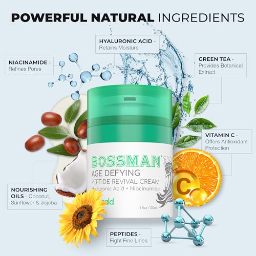 Bossman Unisex Night Skincare Combo ? Peptide Revival Crea 1.7 oz + Moisturizing Body Oil 4 oz ? Emerald (Green Tea) ? Moisturizing and Reviving Solutions - Made in the USA