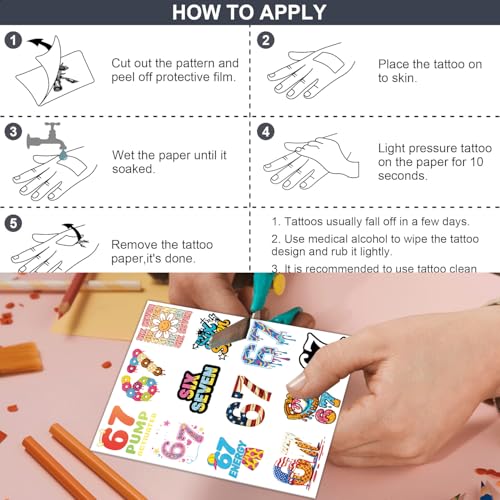 Six Seven Stickers Tattoos Funny 6 7 Temporary Tattoos Stickers 96PCS Number Funny Six Seven Donut Ice Cream Baseball Meme 6 7 Elf Santa Christmas Gifts for Kids Teens Adults