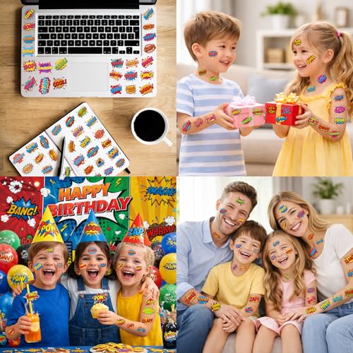 Hero Temporary Tattoos for Kids - 96 PCS Pre Cut Cute Hero Comic Boom Wow Bang Pow Omg Themed Tattoo Stickers for Birthday Party Decorations Favors Supplies Goodie Bag Fillers Gifts for Boys Girls