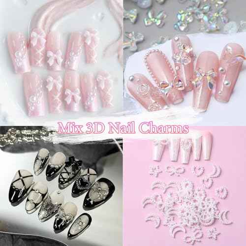 3D Assorted Nail Charms Gems, Bow Bowknot Butterfly Flower Acrylic Nail Art Charms, Half Round Nail Pearl and Rhinetones Charms for DIY Nail Art Accessories