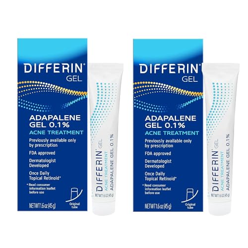 Differin Acne Treatment Gel, 180 Day Supply, Retinoid Treatment for Face with 0.1% Adapalene, Gentle Skin Care for Acne Prone Sensitive Skin, 45g Tube, Pack of 2