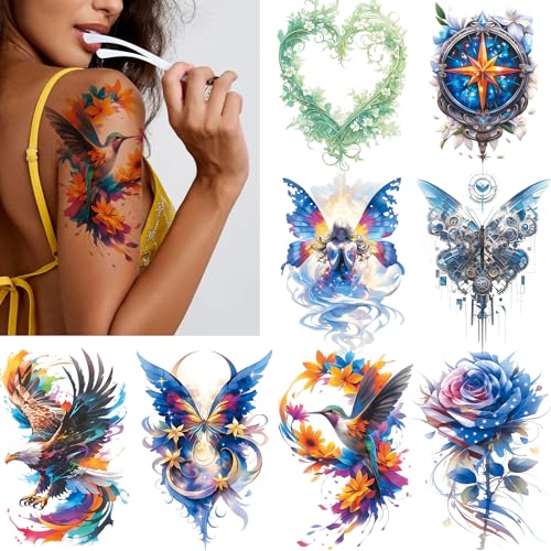 8-Sheet 3D Watercolor Temporary Tattoos - Realistic Floral & Animal Designs