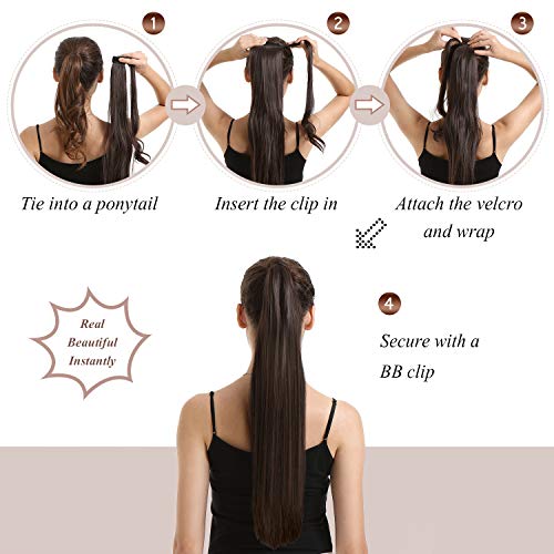 26 Inch Straight Ponytail Extension Clip In - Black Synthetic Hair