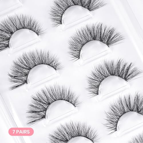 Beetles False Eyelashes Fluffy Cat Eye 7 Pairs Strip Lashes 9-18mm Length Wispy Volume Lashes C Curl 3D DIY Fake Eyelashes with Tweezer Milk Chocolate (SCM001, 9-18mm)