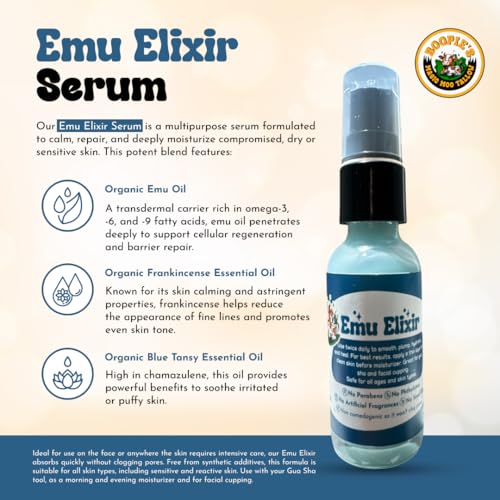 Emu Elixir Serum for hydration, morning and evening moisturizer, facial massage, fine lines and wrinkles, gua sha, cupping, acne, eczema and more. Organic and chemical free emu oil.