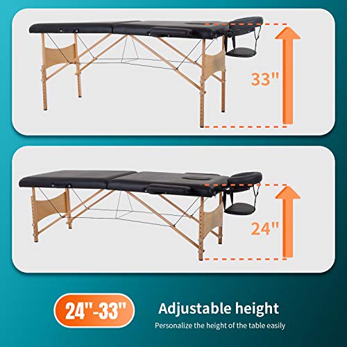 BestMassage Portable Folding Massage Bed - 28-Inch Wide, Black, 2 Folding, Height Adjustable, Lightweight Spa Table