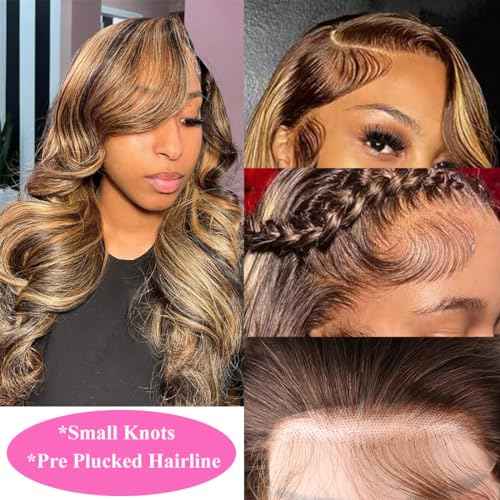 SWEETGIRL Highlight Ombre 13x6 Lace Front Wig Human Hair Body Wave Lace Front Wigs Human Hair Pre Plucked Honey Blonde P4/27 Ombre Colored Lace Frontal Wigs for Women 180 Density 28 Inches